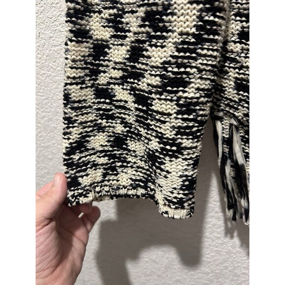 Chicos Fringe Open Cardigan Sweater Black White Size 2 Large Chunky Knit Boho - Picture 4 of 5